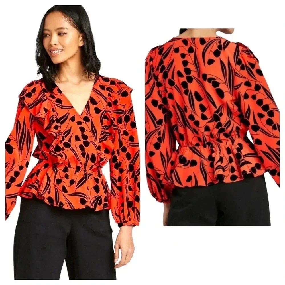 WHO WHAT WEAR | Orange and Black Leafy Pattern Ruffle Peplum Blouse Size S